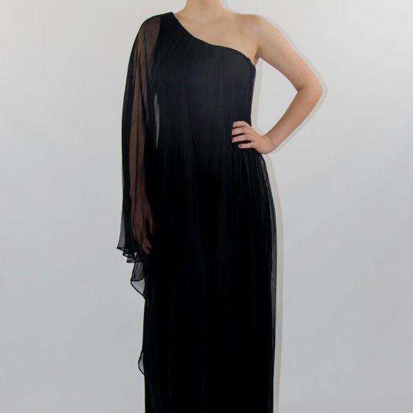 Black Long Gown Dress Draped One Shoulder Batwing Small Med New 458$ - Picture 2 of 5